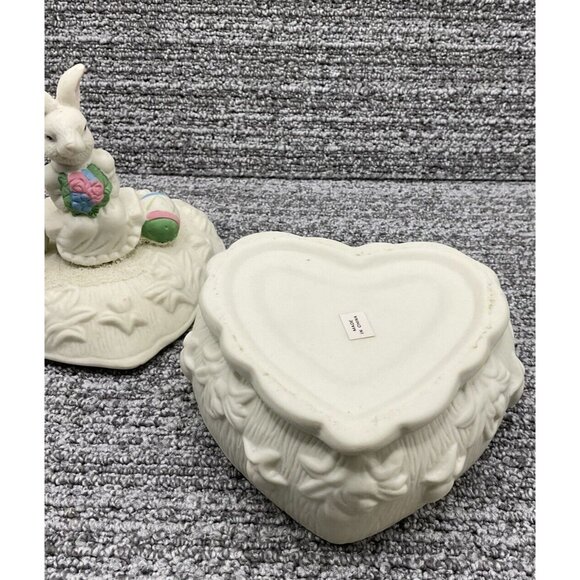 Heart Shaped Bisque Candy Dish Trinket Box Easter Bunny Colored Eggs w Lid 7" T - Picture 7 of 8